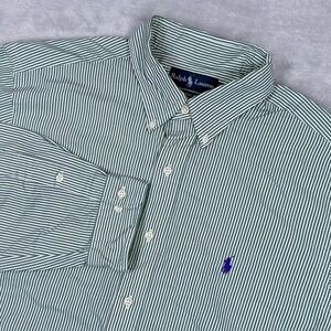 Ralph Lauren Button Down Shirt Mens 17 32/33 Green White Striped Classic Fit